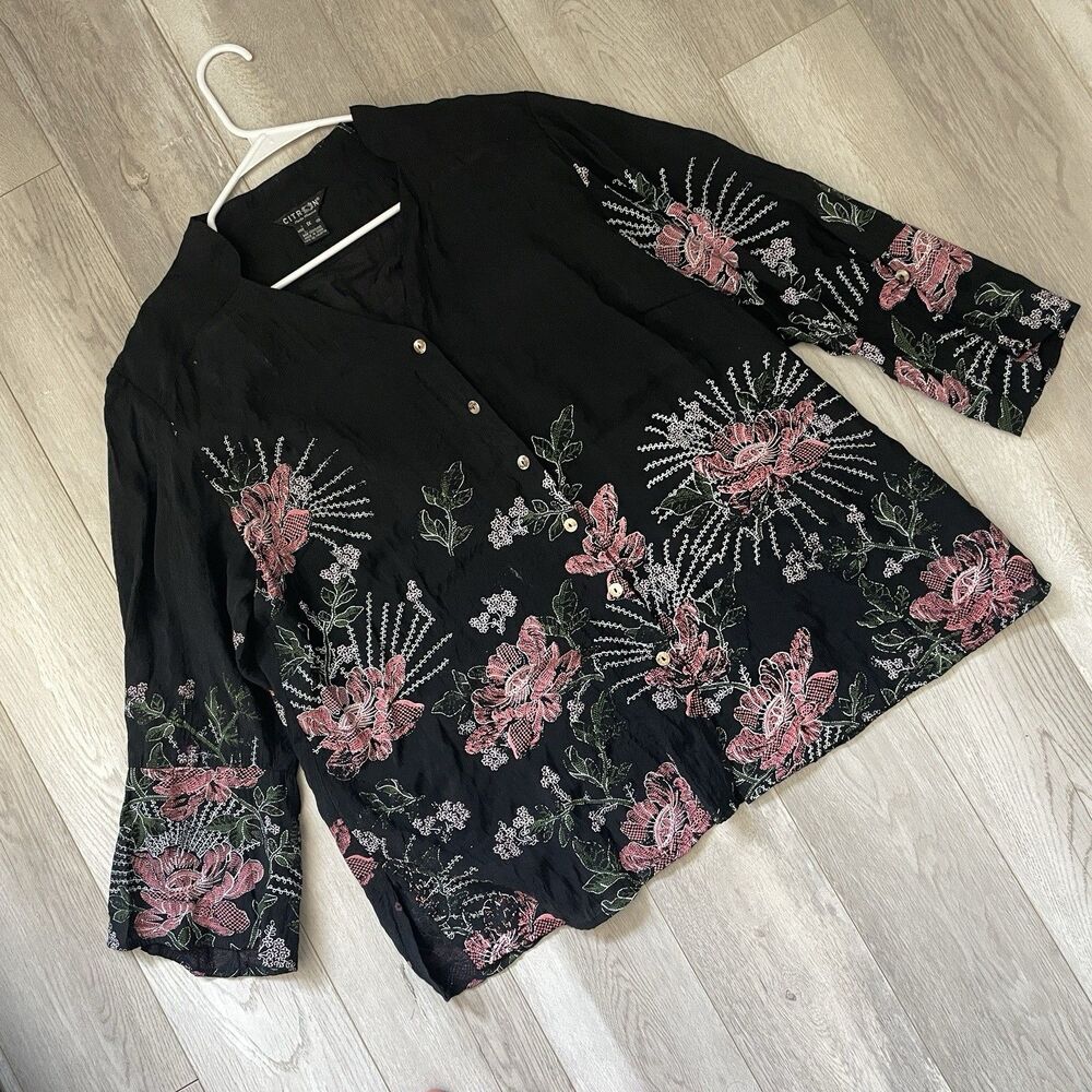 Citron Floral Shirt bamboo button up long sleeve womens Black (size 1x) artsy